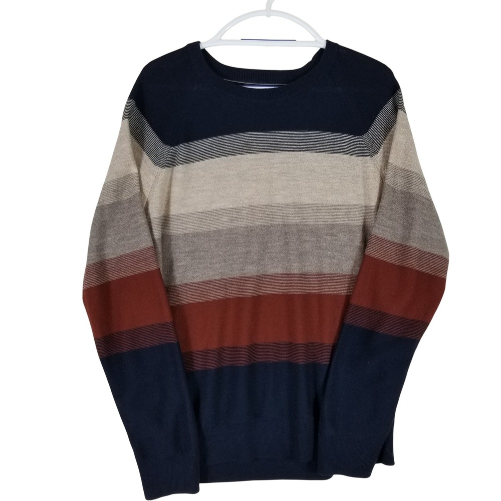Banana Republic Sweater Mens Large Navy Rust Striped 100% Merino Wool Pullover